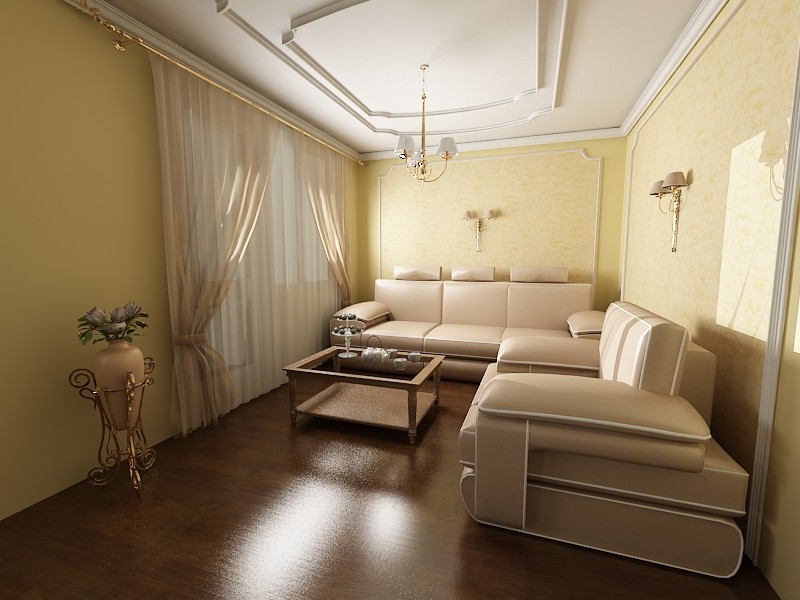Interiorul unei camere lungi și înguste este un ansamblu de grație și confort